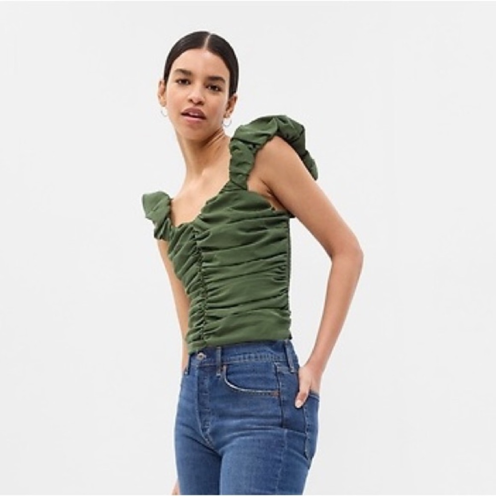 GAP Ruched Top - Capulet Olive Green - Small - Like New - Cropped Romantic Boho